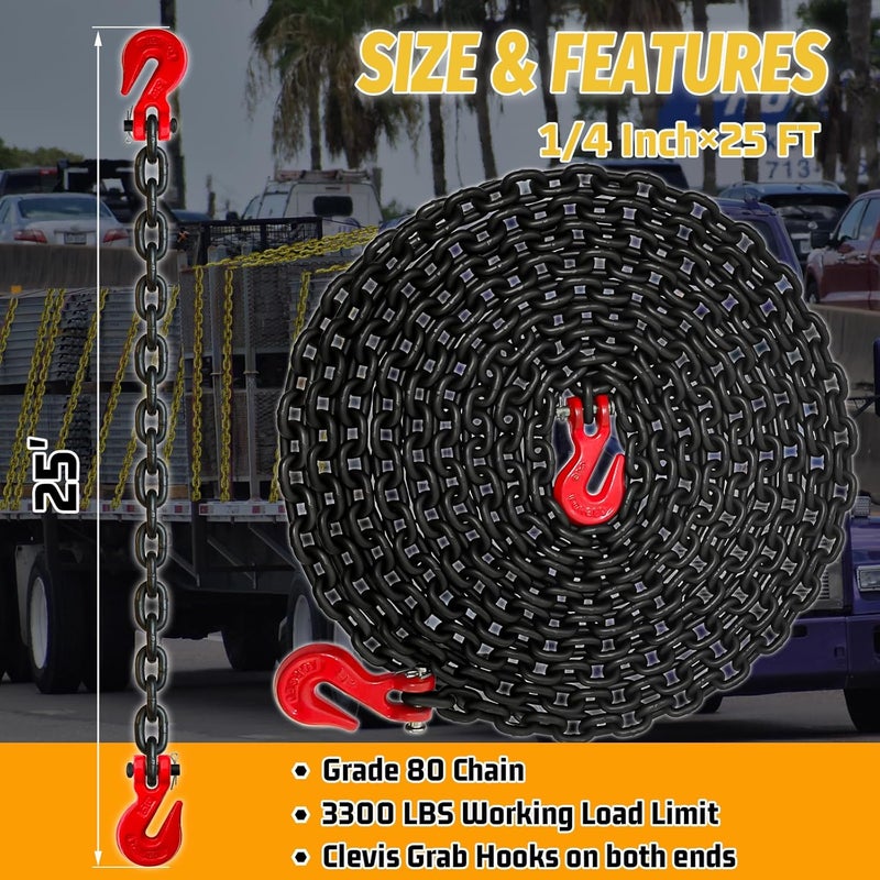SENKEYFE 1/4" Tow Chain-G80 Binder Chain with G70 Clevis Grab Hook for Towing|25FT Transport Safety Chains Wll 3300 Lbs|Heavy Duty Chain for Trailer Truck Tie Down Binding Equipment(Oiled Black) - Image 2